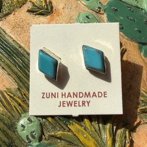 Zuni Handmade Turquoise Diamond Stud Earrings